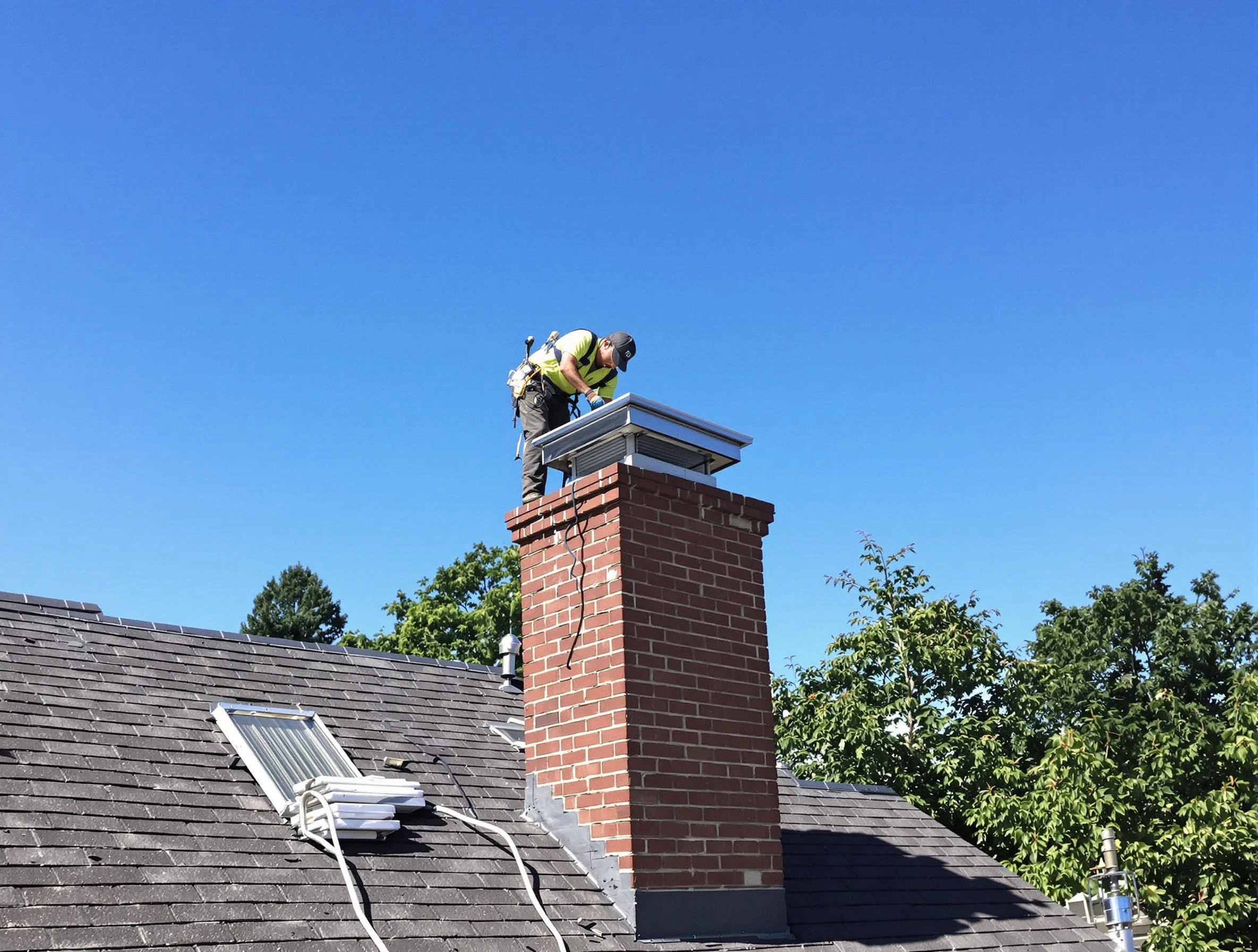 Buford Chimney Sweep technician measuring a chimney cap in Buford, GA